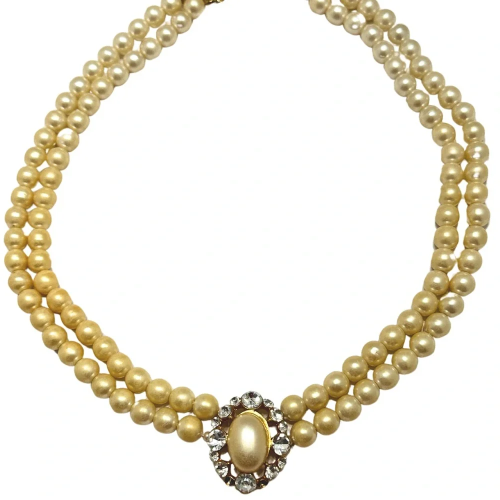 Double Strand Pearls + Pearl Cabochon and Rhinestones Focal Point Prom Jewelry